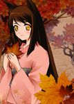  animal_ears blush brown_hair cat_ears japanese_clothes kimono leaf long_hair long_sleeves obi orange_eyes original patipat_asavasena sash smile solo 