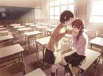  ame_(conronca) blush brown_eyes chalkboard classroom commentary_request covering_mouth desk forehead_kiss hand_on_head indoors kiss kneehighs long_hair multiple_girls original pleated_skirt ponytail school_desk school_uniform short_hair sitting skirt socks sunlight sweater tears window yuri 