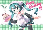  :q ahoge apron aqua_hair bad_id bad_pixiv_id birthday blush cake candle detached_sleeves food fruit green_eyes hatsune_miku long_hair morujii pastry skirt solo spring_onion strawberry thighhighs tongue tongue_out twintails vocaloid 