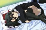  absurdres bag bed black_hair black_legwear bow comp_h's crossed_arms fetal_position gotou_junji hair_bow highres kiyoura_setsuna lace leg_hug lying non-web_source official_art on_side open_mouth pillow red_eyes scan school_days school_uniform short_hair skirt solo thighhighs thighs zettai_ryouiki 