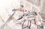  armor armored_dress artoria_pendragon_(all) back blonde_hair closed_eyes dress excalibur fate/stay_night fate/unlimited_codes fate_(series) lying mimura_kaoru ponytail realistic saber saber_lily sleeping solo sword thighhighs weapon 
