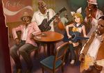  5boys acoustic_guitar blonde_hair bow cameo character_request cigarette coca-cola crossed_legs dark_skin electric_guitar glasses guitar hanji_(hansi) howlin'_wolf instrument kagamine_rin laughing leg_warmers muddy_waters multiple_boys one_eye_closed real_life real_life_insert sitting vocaloid 
