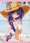 between_thighs blue_eyes blush bracelet braid breast_hold breasts casual_one-piece_swimsuit cleavage crossed_arms hair_over_shoulder hat highres jewelry kanon large_breasts long_hair minase_akiko one-piece_swimsuit palm_tree polka_dot purple_hair single_braid sitting smile solo straw_hat sun_hat swimsuit tree watsuki_ayamo 