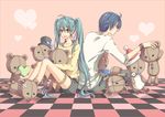  1girl ahoge aqua_eyes aqua_hair back-to-back bad_id bad_pixiv_id bandaid casual coppe eyepatch hat hatsune_miku kaito long_hair sitting smile stuffed_animal stuffed_toy teddy_bear top_hat twintails very_long_hair vocaloid 