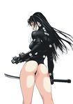  ass black_hair colorized gantz gantz_suit gun highres oku_hiroya panties shimohira_reika solo sword thong underwear weapon x-gun 