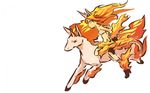  animal_ears bare_shoulders flame gloves hitec horn long_hair midriff moemon multicolored_hair orange_hair personification pokemon rapidash red_eyes red_hair shoes simple_background tail 