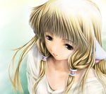  blonde_hair chii chobits hair_tubes long_hair off_shoulder robot_ears solo 