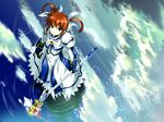  brown_hair cloud dress from_above looking_up lyrical_nanoha mahou_shoujo_lyrical_nanoha mahou_shoujo_lyrical_nanoha_the_movie_1st raising_heart reflection ripples sky skyt2 solo staff takamachi_nanoha 