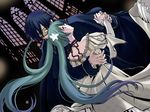  1girl aqua_eyes aqua_hair blue_eyes blue_hair cantarella_(vocaloid) cape dress hatsune_miku kaito long_hair mask short_hair twintails vocaloid 