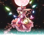  blonde_hair flandre_scarlet floating full_moon glowing hat laevatein light_particles light_smile moon night one_side_up red_eyes short_hair solo touhou usume_shirou wings 