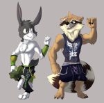  2018 3_toes 4_fingers anthro anthro_on_anthro arm_tuft athletic athletic_anthro athletic_male belly biceps big_ears big_eyes big_pecs black_armband black_bottomwear black_clothing black_eyes black_pants blue_bottomwear blue_clothing blue_pants blue_shirt blue_tank_top blue_topwear bottomwear bristol brown_arms brown_body brown_claws brown_ears brown_eyebrows brown_face brown_feet brown_fingers brown_fur brown_hands brown_legs brown_markings brown_neck brown_toes cheek_tuft chest_tuft claws closed_smile clothed clothed_anthro clothed_male clothing colored deltoids digital_drawing_(artwork) digital_media_(artwork) duo ear_size_difference ear_tuft elbow_tufts eyebrows facial_markings facial_tuft fangs feet fingers fist flexing flexing_bicep fluffy front_view full-length_portrait fully_clothed fully_clothed_anthro fully_clothed_male fur green_armband green_bottomwear green_clothing green_pants grey_background grey_body grey_bottomwear grey_clothing grey_ears grey_eyebrows grey_face grey_fur grey_legs grey_pants grey_shirt grey_tail grey_tank_top grey_topwear happy head_markings head_tuft humanoid_hands interspecies lagomorph leg_tuft leporid male male/male male_anthro mammal markings mask_(marking) multicolored_armband multicolored_clothing multicolored_pants multicolored_shirt multicolored_tank_top multicolored_topwear muscle_size_difference navel neck_tuft open_mouth open_smile orange_armband pants pecs pink_inner_ear pink_nose pink_tongue portrait procyonid purple_bottomwear purple_clothing purple_pants rabbit raccoon raised_arm round_eyes shaded shirt simple_background skimpy slim_anthro slim_male small_ears smile standing tail_tuft tan_belly tan_body tan_chest tan_face tan_fur tan_inner_ear tan_neck tank_top toes tongue topless topless_anthro topless_male topwear tuft two_tone_face two_tone_legs two_tone_neck white_arms white_belly white_body white_bottomwear white_chest white_claws white_clothing white_face white_feet white_fingers white_fur white_hands white_legs white_pants white_shirt white_tank_top white_toes white_topwear yellow_armband 