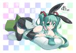  amasa_mitsunaru animal_ears aqua_eyes aqua_hair aqua_nails bare_shoulders black_legwear bunny_ears detached_sleeves fake_animal_ears hair_ornament hatsune_miku headset long_hair lying nail_polish necktie on_stomach pillow pleated_skirt skirt solo speaker spring_onion themed_object thighhighs twintails very_long_hair vocaloid 