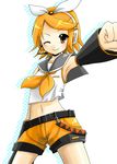  armpits blonde_hair kagamine_rin midriff one_eye_closed pochi_(pochi-goya) sailor_collar shorts solo vocaloid 