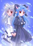  animal_ears blue_background blue_dress blue_hair blush cat_ears dress eyebrows_visible_through_hair grey_hair holding_hands len long_hair long_sleeves looking_at_viewer melty_blood multiple_girls pantyhose parted_lips pointy_ears pom_pom_(clothes) red_eyes ribbon skirt smile standing tsukihime utsubo_kazura white_dress white_len 