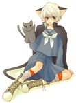  androgynous animal_ears artist_request blue_eyes cat_ears copyright_request kneehighs necktie puppet school_uniform shoes skirt sneakers socks solo striped uniform white_hair 
