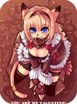  animal_ears blue_eyes brown brown_background cat_ears chocolate chocolate_heart final_fantasy final_fantasy_xi fingerless_gloves gloves hairband hazuki_gean heart long_sleeves mithra mouth_hold orange_hair solo tail thighhighs valentine 