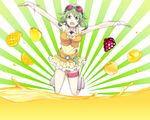  apple boots food fruit goggles goggles_on_head grapes green_eyes green_hair gumi juice jumping kazashino midriff orange pear see-through short_hair solo vocaloid wrist_cuffs 