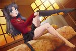  absurdres barefoot black_hair blush bow dressing fate/stay_night fate/unlimited_blade_works fate_(series) feet green_eyes hair_bow highres legs long_hair long_legs makita_yoshinobu nyantype official_art open_mouth single_thighhigh sock_pull solo thighhighs toosaka_rin two_side_up 