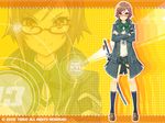  armband bow brown_eyes brown_hair coat crossed_arms glasses highres original school_uniform skirt smile solo sword tel-o wallpaper weapon zoom_layer 
