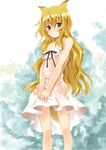  animal_ears bare_shoulders blonde_hair clothes_grab dress dress_grab fox_ears kurasuke long_hair original red_eyes see-through solo standing sundress v_arms wet wet_clothes 