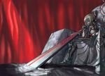  armor armored_dress artoria_pendragon_(all) blonde_hair dark_excalibur dress fate/stay_night fate_(series) perspective saber_alter shiri_(yam) short_hair sitting solo sword throne weapon 