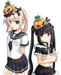  black_hair flat_chest green_eyes halloween hana_(pangya) hat hoon_park_jeong jack-o'-lantern kooh long_hair midriff multiple_girls necktie official_art pangya pink_hair pleated_skirt ponytail pumpkin pumpkin_hat red_eyes school_uniform simple_background skirt twintails white_background 