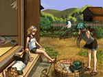  2girls barefoot blonde_hair blue_hair bottle can closed_eyes food fruit garden geta hat hatsune_miku horuda kagamine_len kagamine_rin kaito legs long_hair lying magazine multiple_boys multiple_girls on_back popsicle sandals scarf short_hair shorts sitting skirt straw_hat twintails vocaloid watermelon 