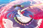  blue_hair food fruit hat highres hinanawi_tenshi imari_yuka long_hair peach red_eyes solo sword sword_of_hisou touhou weapon 