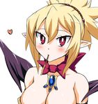  bare_shoulders black_wings bow bowtie breasts bright_pupils brooch cleavage collarbone disgaea earrings food gem hair_between_eyes heart jadf jewelry looking_at_viewer makai_senki_disgaea_2 medium_breasts mouth_hold pocky pointy_ears ponytail red_bow red_eyes red_neckwear rozalin sapphire_(stone) short_hair sidelocks simple_background solo tsurime upper_body white_background white_pupils wings 