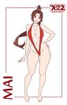  areola_slip areolae ass_visible_through_thighs barefoot breasts brown_eyes brown_hair character_name contrapposto fatal_fury full_body hand_on_hip large_breasts looking_at_viewer navel open_mouth ponytail shiranui_mai slingshot_swimsuit solo standing swimsuit the_king_of_fighters watermark web_address x-teal2 