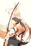  bird bow_(weapon) feathers from_behind gloves highres houshou_(kantai_collection) kantai_collection long_hair looking_at_viewer looking_back partly_fingerless_gloves phoenix single_glove sketch solo takatsuki_nato tasuki weapon white_background wind wind_lift yugake 