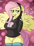 2016 anthro anthrofied blush clothed clothing cutie_mark dialogue english_text equine female fluttershy_(mlp) friendship_is_magic hair hi_res legwear long_hair looking_at_viewer mammal my_little_pony open_mouth pegasus pink_hair pussy solo text thigh_highs wings ziemniax 