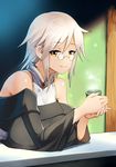  bare_shoulders borrowed_character breast_rest breasts cup echigo_(shiro_maru) glasses large_breasts looking_at_viewer original sasebono_mari short_hair shoulder_rest silver_hair smile solo teacup yellow_eyes 