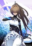  brown_hair follower_of_darkness frills hair_ornament hair_over_eyes knife long_hair makio00 mask official_art original ponytail sid_story solo tail thigh_gap turtleneck white_legwear 