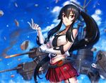  bare_shoulders black_hair breasts brown_eyes cannon cloud collarbone commentary_request controller cowboy_shot elbow_gloves eyebrows eyebrows_visible_through_hair garter_straps glove_pull gloves hair_between_eyes incandescence index_finger_raised joystick kantai_collection large_breasts long_hair looking_at_viewer machinery midriff miniskirt mitchy1023 navel necktie ocean pleated_skirt ponytail red_skirt scrunchie skirt smoke smokestack solo tank_top turret very_long_hair white_gloves yahagi_(kantai_collection) 