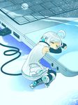  ahoge android bare_shoulders blush closed_eyes computer creamyya detached_sleeves eyelashes headphones highres laptop male_focus miniboy open_mouth sleeping solo tail usb utatane_piko vocaloid white_hair 