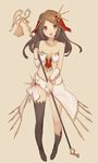  :o asymmetrical_legwear bandeau bracer brown_background brown_eyes brown_hair character_request full_body jewelry keemu_(occhoko-cho) long_hair midriff necklace overskirt single_thighhigh solo staff standing strapless thighhighs 