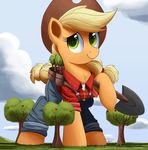  applejack_(mlp) blonde_hair clothed clothing cloud day detailed_background dirt earth_pony equine eyelashes female feral freckles friendship_is_magic fur grass green_eyes hair hat hi_res hooves horse macro mammal my_little_pony ncmares orange_fur outside pony shovel smile solo tree 