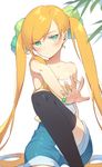  bad_id bad_pixiv_id bangs bare_shoulders black_legwear blush bracelet camisole carchet collarbone green_eyes hair_ornament jewelry jitome long_hair looking_at_viewer orange_hair original outstretched_arm shorts sitting solo spaghetti_strap strap_slip swept_bangs thighhighs twintails very_long_hair 