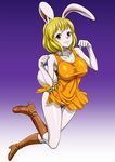  1girl animal_ears bare_arms bare_shoulders blonde_hair boots breasts bunny_ears bunny_tail carrot_(one_piece) dress erect_nipples feet full_body gradient_background happy highres large_breasts legs looking_at_viewer nel-zel_formula one_piece orange_dress pale_skin panties pantyshot_(standing) red_eyes short_hair simple_background sleeveless smile solo tail thighs underwear 