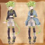  1boy animal_ears cat_ears cat_tail catboy character_sheet eyes_visible_through_hair green_hair looking_at_viewer looking_away neck_ribbon nemui_lazurite original pinstripe_pattern pinstripe_shirt ribbon solo striped suspenders tail tail_ribbon yellow_eyes 