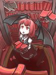  bat_wings book bookshelf commentary_request eyebrows eyebrows_visible_through_hair flying highres holding holding_book koakuma library looking_up no_pupils peroponesosu. red_background red_eyes solo touhou voile wings 