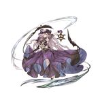  armpits bare_shoulders bat_wings detached_sleeves dress gloves granblue_fantasy granblue_fantasy_(style) hair_over_one_eye hat hat_ribbon highres kei_(keiclear) lantern long_hair pandora_(p&amp;d) parody puffy_sleeves purple_dress purple_gloves puzzle_&amp;_dragons red_eyes ribbon silver_hair simple_background smile solo style_parody very_long_hair white_background wings 