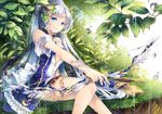  arrow bare_shoulders blue_eyes blue_hair bow_(weapon) breasts cleavage diana_(sid_story) dress frills hair_ornament large_breasts leaf long_hair looking_at_viewer outdoors ponytail quiver rain sid_story silverbin sitting solo very_long_hair water_drop weapon 