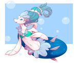  2016 anthro anthrofied blue_background blue_eyes blue_hair blue_skin bra breasts bubble clothed clothing female fluffyblarg hair long_hair mammal marine navel nintendo open_mouth pink_nose pinniped pok&eacute;mon pok&eacute;morph primarina simple_background small_breasts solo teeth tongue underwear video_games white_skin 