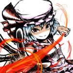  attacking_viewer commentary_request foreshortening highres looking_at_viewer outstretched_hand peroponesosu. remilia_scarlet smile solo touhou upper_body white_background 