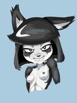  2016 anthro black_fox black_hair black_nipples black_nose breasts canine fangs female fox fur goshaag grin hair mammal nipples nude solo white_belly white_fur 