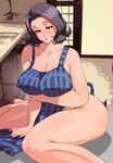  1girl apron bare_shoulders barefoot blush breasts brown_eyes brown_hair collarbone erect_nipples female highres huge_breasts indoors kitchen lips milf mole mother_and_son naked_apron no_underwear on_ground original pietoro plump short_hair sitting solo wariza 