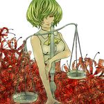  ascot balance_scale flower green_hair hair_over_one_eye highres kazami_yuuka shirt short_hair sleeveless sleeveless_shirt solo spider_lily tommy_koh touhou weighing_scale 