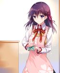  apron fate/stay_night fate_(series) hair_ornament hair_ribbon half_updo homurahara_academy_uniform looking_at_viewer matou_sakura pink_apron purple_eyes purple_hair rag ribbon school_uniform short_hair smile solo table tsuedzu 